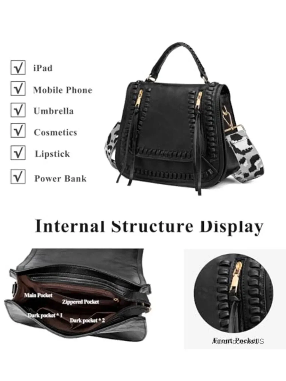 Faux Leather Vintage Crossbody Bag Multi-Pocket Zipped Handbag with Leopard